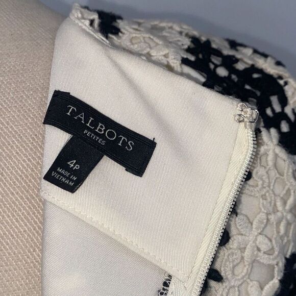 TALBOTS Black White Chevron Lace‎ Short Sleeve MIDI Dress Crochet 4P - Picture 14 of 16